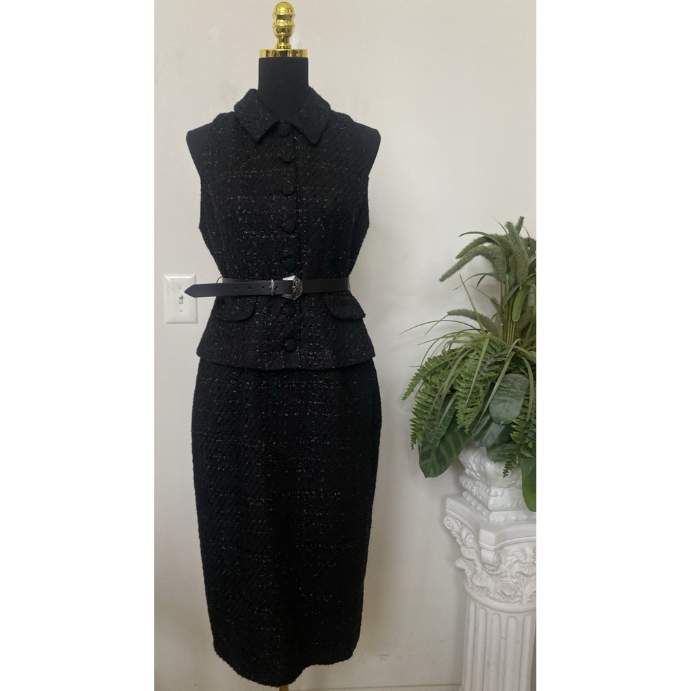 NWT DONNA KARAN Women's Black Tweed Sleeveless Belted Midi Dress Size 8, $199